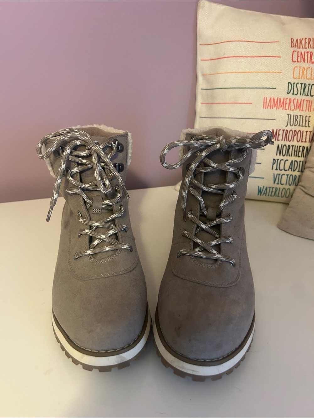 Old Navy Taupe Lace-Up Faux Fur Ankle Boots